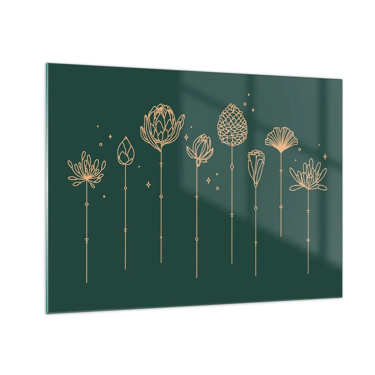 Glasbild - Bild auf glas - Goldene Umrisse von Kräutern und Blumen auf dunkelgrünem Hintergrund - 70x50cm - Familie ZIÓŁkowski - Moderne Wanddekoration für Wohnzimmer und Schlafzimmer ARTTOR