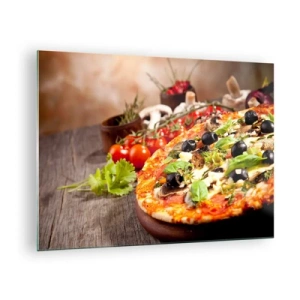Glasbild - Bild auf glas - Pizza mit Oliven, Champignons und frischen Kräutern auf einem Holztisch - 70x50cm - Aus den tellurischen Zutaten - Moderne Wanddekoration für Wohnzimmer und Schlafzimmer ARTTOR