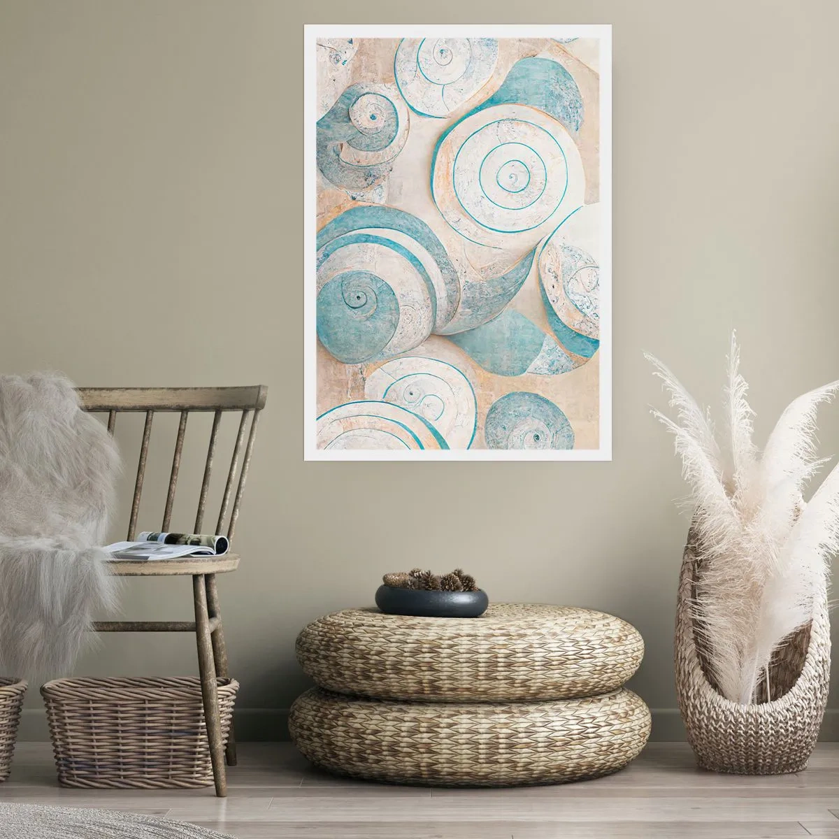 Poster - Abstrakte Spiralen in Blau- und Beigetönen - 50x70cm - Was verbirgt sich in der Muschel? - Moderne Wanddekoration für Wohnzimmer und Schlafzimmer ARTTOR