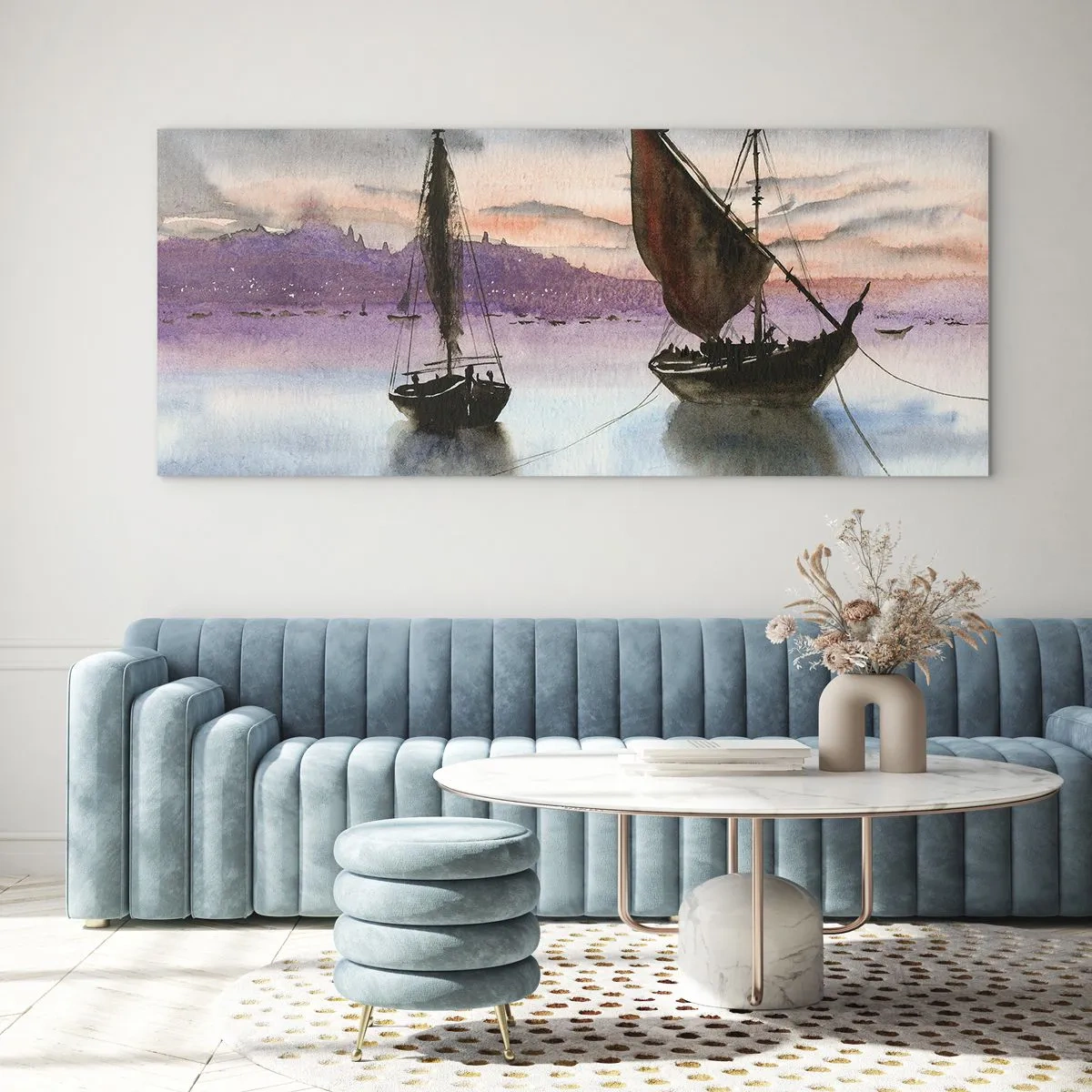 Glasbild - Bild auf glas - Zwei Segelschiffe liegen in der Abenddämmerung auf ruhigem Wasser vor Anker - 160x50cm - Abend am Hafen - Moderne Wanddekoration für Wohnzimmer und Schlafzimmer ARTTOR