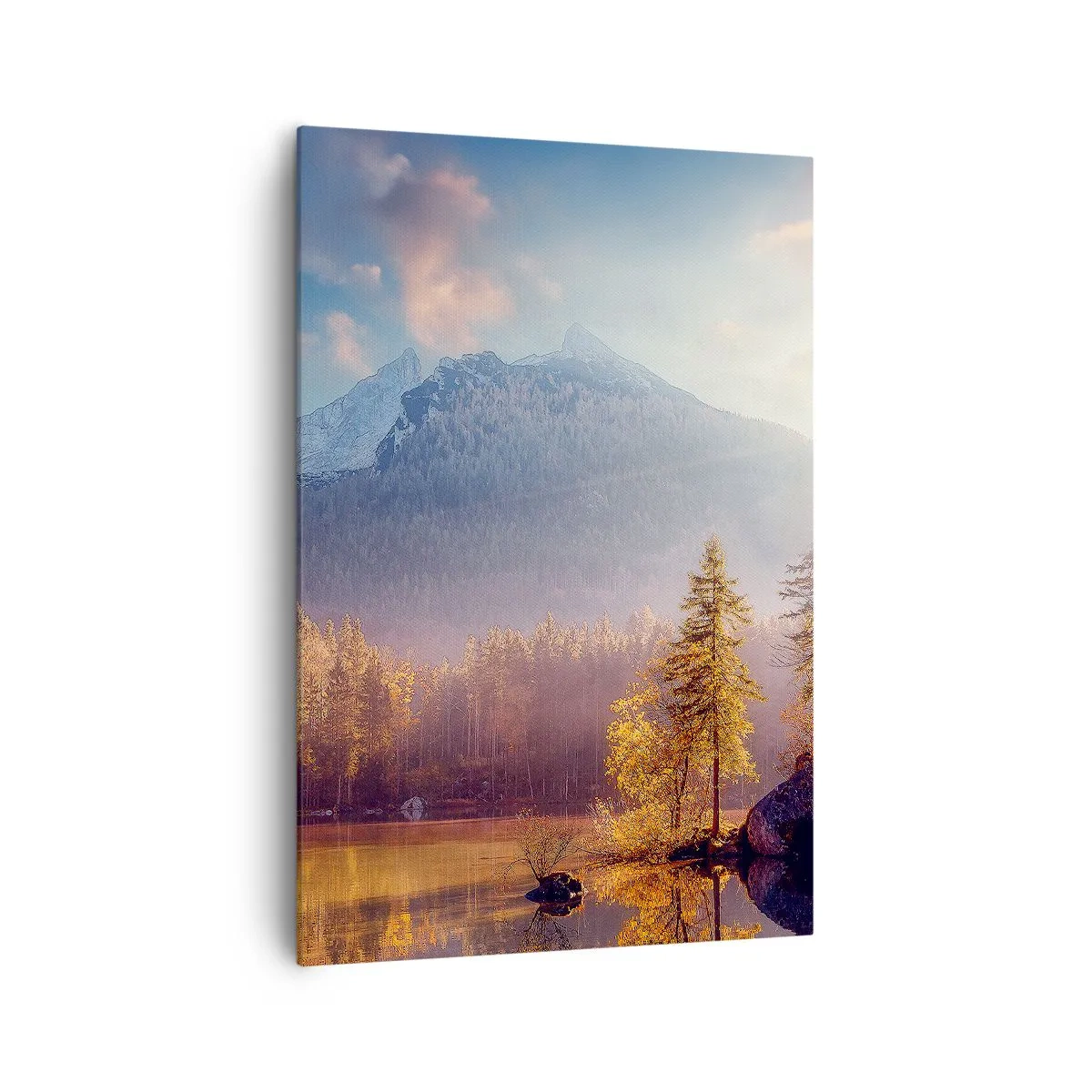 Bild auf Leinwand - Leinwandbild - Malerischer Blick auf den Bergwald und den See im Morgengrauen - 70x100cm - In den Bergen und Tälern - Moderne Wanddekoration für Wohnzimmer und Schlafzimmer ARTTOR