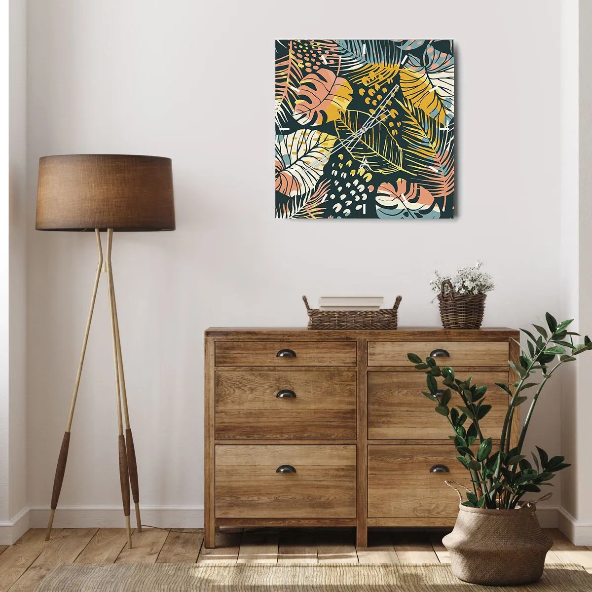 Wanduhr - Glasuhr - Bunte Blätter auf dunklem Hintergrund - 30x30cm - Grüne Fantasie - Moderne Wanddekoration für Wohnzimmer und Schlafzimmer ARTTOR