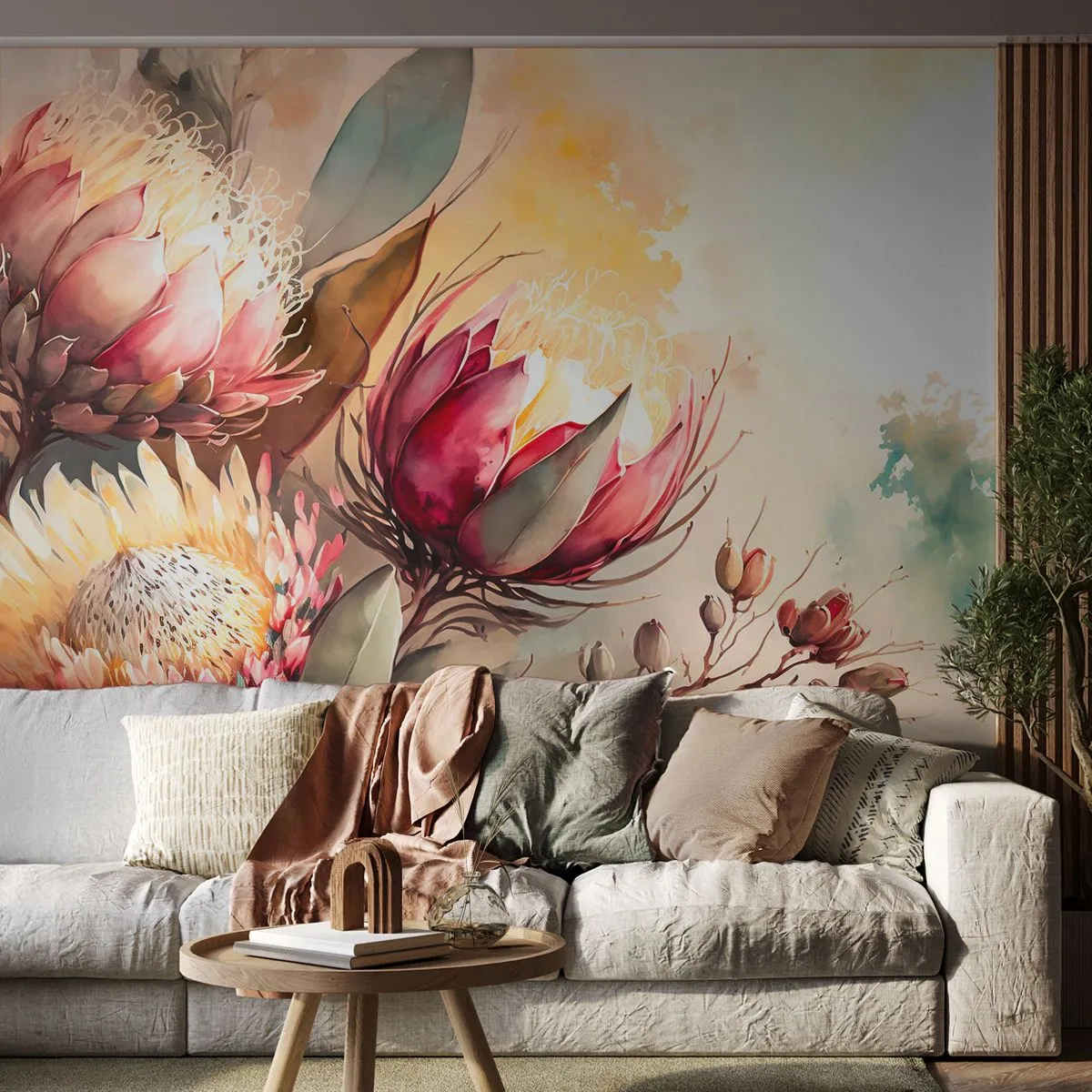 Fototapete Premium Sand - Protea-Blüten auf hellem Aquarell-Hintergrund - 100x70cm - Im Profil und en face - Moderne Wanddekoration für Wohnzimmer und Schlafzimmer ARTTOR