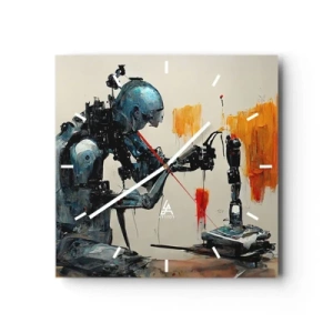 Wanduhr - Glasuhr - Roboter bei der Arbeit mit abstraktem Hintergrund - 30x30cm - Schon morgen… - Moderne Wanddekoration für Wohnzimmer und Schlafzimmer ARTTOR