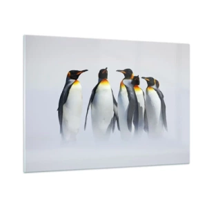 Glasbild - Bild auf glas - Eine Gruppe Pinguine in einer Winterlandschaft - 100x70cm - Treffen in Abendkleidern - Moderne Wanddekoration für Wohnzimmer und Schlafzimmer ARTTOR