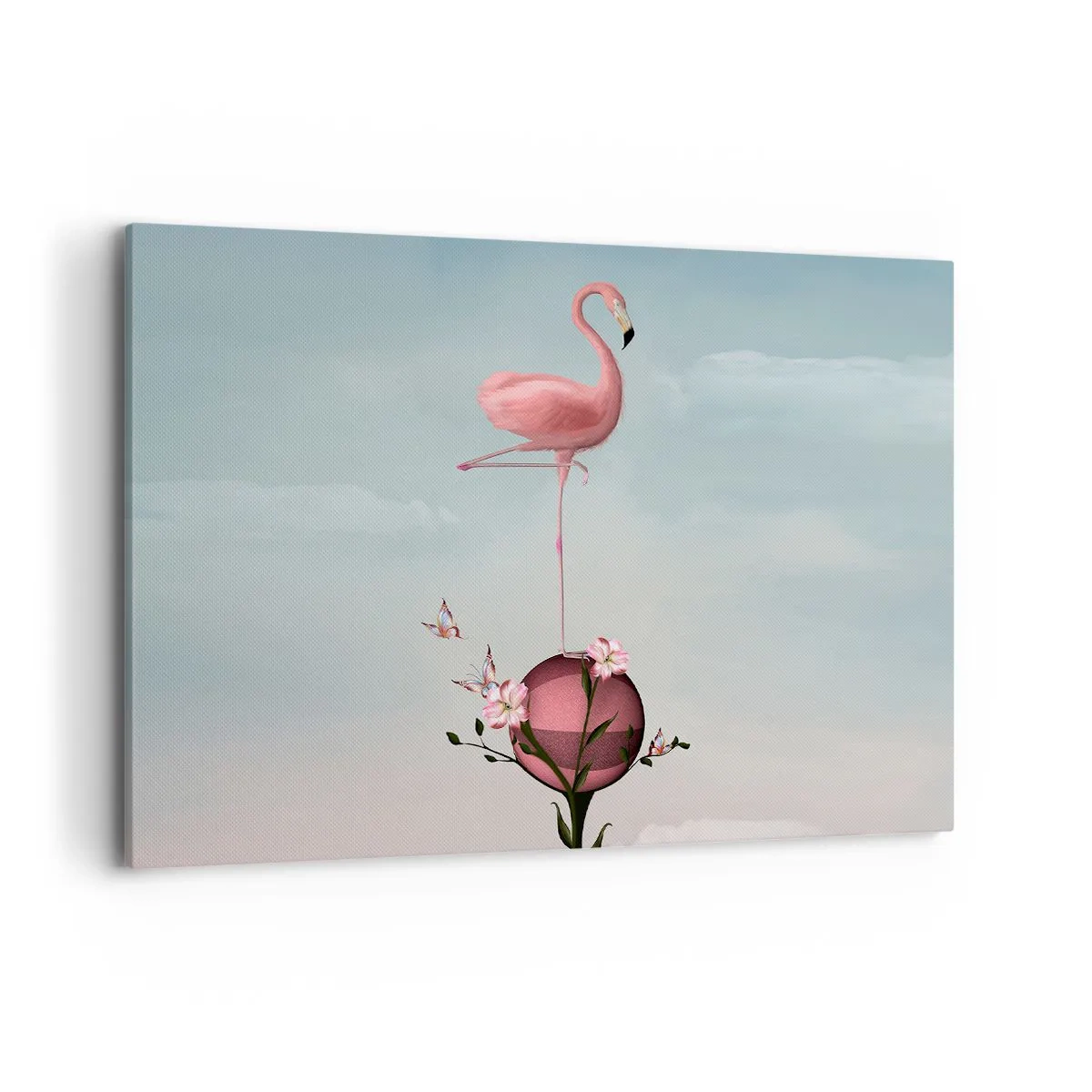 Bild auf Leinwand - Leinwandbild - Ein rosa Flamingo balanciert auf einem Blumenball - 100x70cm - Basketball-Allegorie - Moderne Wanddekoration für Wohnzimmer und Schlafzimmer ARTTOR