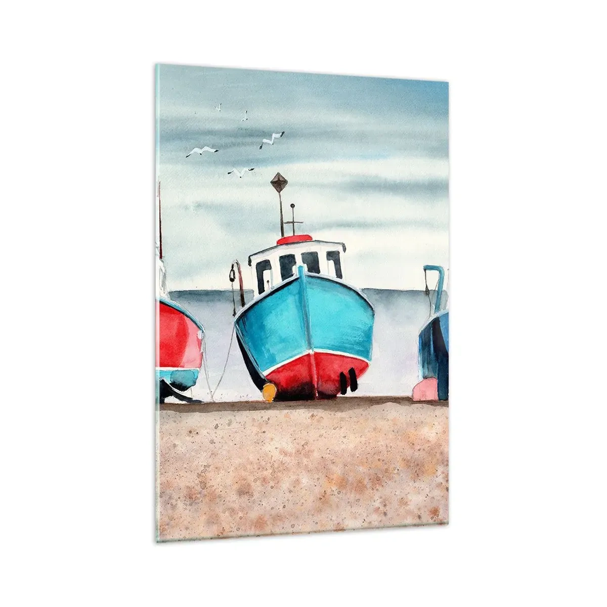 Glasbild - Bild auf glas - Bunte Fischerboote am Ufer in einer Meereslandschaft - 80x120cm - Bereit zum Fang - Moderne Wanddekoration für Wohnzimmer und Schlafzimmer ARTTOR