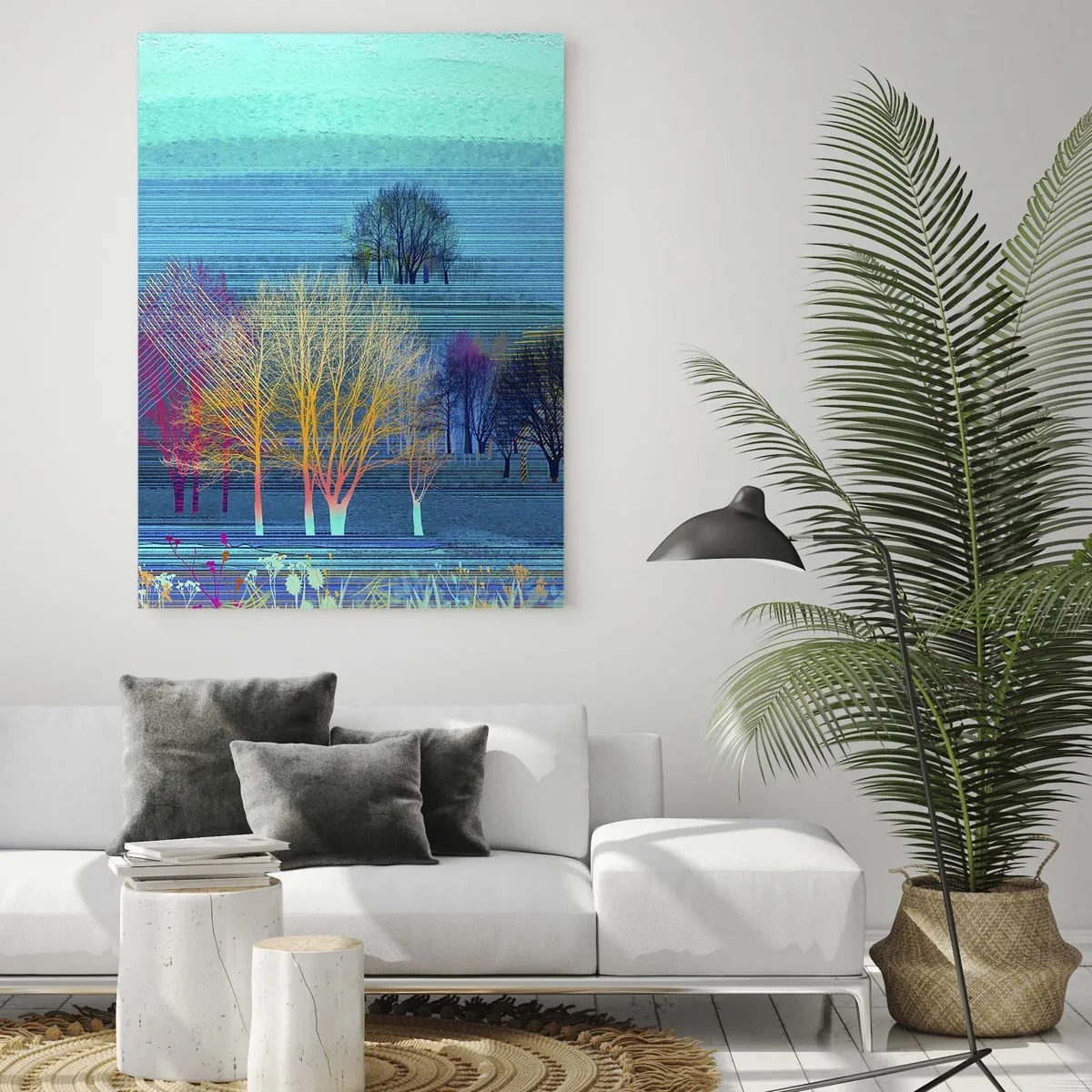 Glasbild - Bild auf glas - Bunte Bäume vor einer blauen, minimalistischen Landschaft - 70x100cm - Eine gekämmte Landschaft - Moderne Wanddekoration für Wohnzimmer und Schlafzimmer ARTTOR
