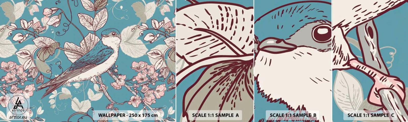 Fototapeten Muster Selbstklebend Deluxe Sticker - Im Weißholz von Rot und Silber - Abstraktion, Schlucken, Vogel - 100x30 cm