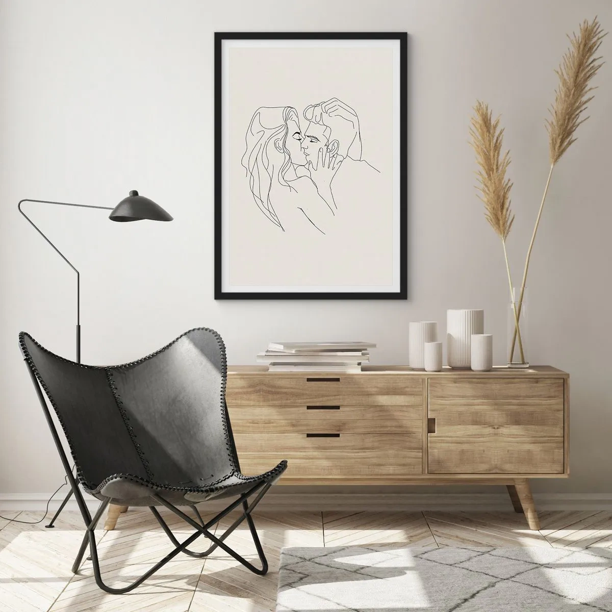 Poster in einem schwarzem Rahmen - Eine minimalistische Zeichnung eines verliebten Paares in zarten Linien. - 50x70cm - Verstrickt im Gefühl - Moderne Wanddekoration für Wohnzimmer und Schlafzimmer ARTTOR