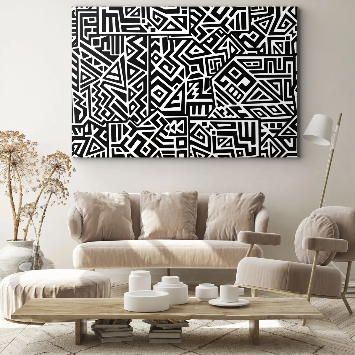 Bild auf Leinwand - Leinwandbild - Schwarz-weiße geometrische Muster, inspiriert von der präkolumbianischen Kultur - 70x50cm - Präkolumbianische Komposition - Moderne Wanddekoration für Wohnzimmer und Schlafzimmer ARTTOR