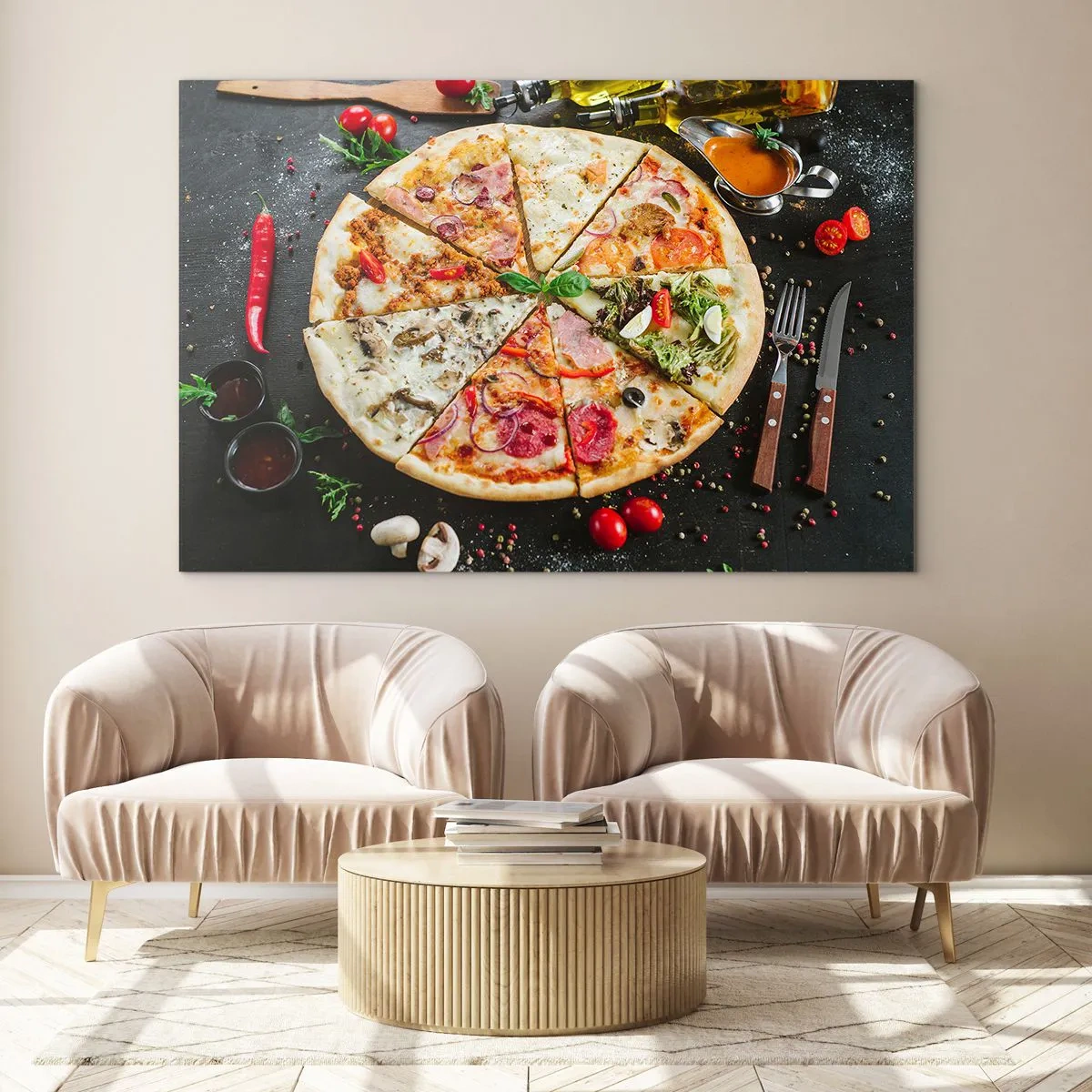 Glasbild - Bild auf glas - Pizza in verschiedenen Geschmacksrichtungen mit Belag auf dunklem Hintergrund - 70x50cm - Eine Reihe von Geschmacksrichtungen - Moderne Wanddekoration für Wohnzimmer und Schlafzimmer ARTTOR