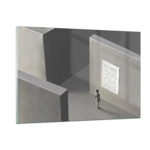 Glasbild - Bild auf glas - Kind in einem Labyrinth mit einem Rätselsymbol - 120x80cm - Aber wo bin ich? - Moderne Wanddekoration für Wohnzimmer und Schlafzimmer ARTTOR