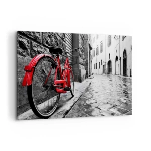 Bild auf Leinwand - Leinwandbild - Rotes Fahrrad in einer schwarz-weißen Straße - 100x70cm - Wahre Schönheit wird nicht alt - Moderne Wanddekoration für Wohnzimmer und Schlafzimmer ARTTOR