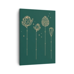Bild auf Leinwand - Leinwandbild - Goldene Zeichnungen von Kräutern auf dunkelgrünem Hintergrund - 50x70cm - Familie ZIÓŁkowski - Moderne Wanddekoration für Wohnzimmer und Schlafzimmer ARTTOR