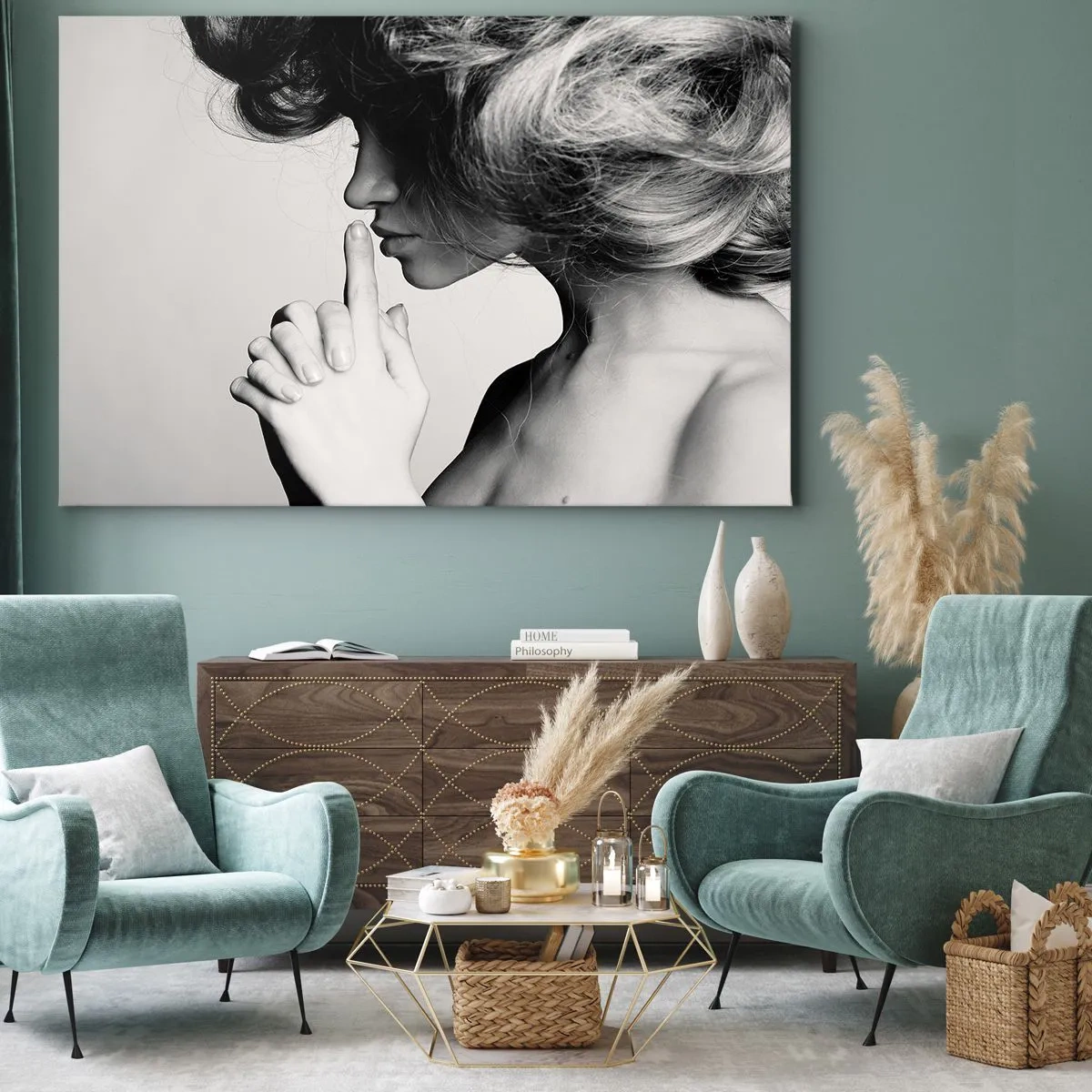 Bild auf Leinwand - Leinwandbild - Schwarz-weißes Profil einer Frau, die Stille gestikuliert - 70x50cm - Auf sich selbst hören - Moderne Wanddekoration für Wohnzimmer und Schlafzimmer ARTTOR