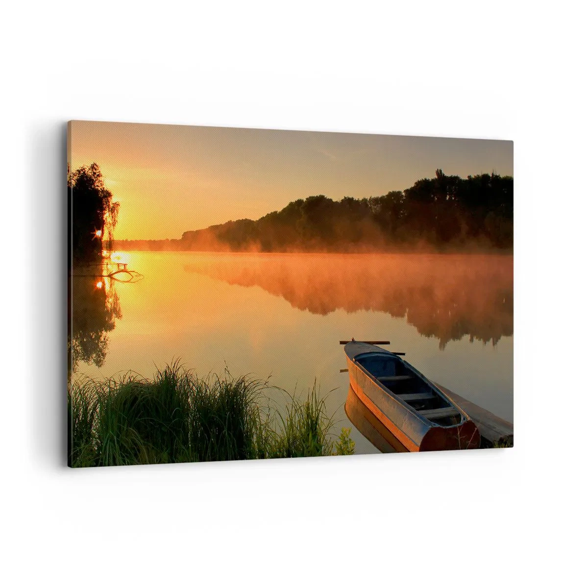 Bild auf Leinwand - Leinwandbild - Morgennebel über dem Fluss mit einem Boot in den Sonnenstrahlen - 120x80cm - Sonnenaufgang über dem Wasser wie ein Spiegel - Moderne Wanddekoration für Wohnzimmer und Schlafzimmer ARTTOR