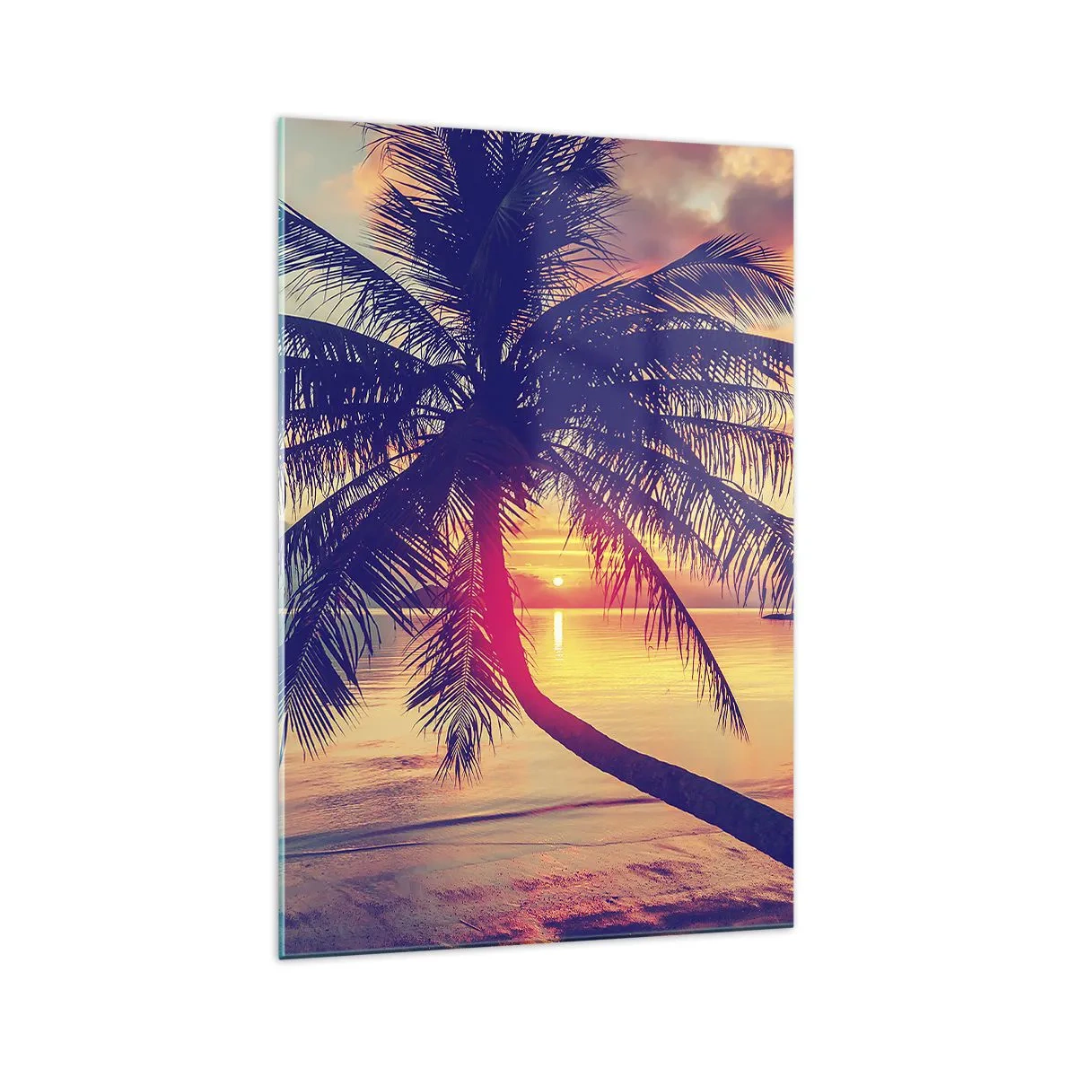 Glasbild - Bild auf glas - Sonnenuntergang mit einer Palme über einem ruhigen Ufer - 70x100cm - Abend unter Palmen - Moderne Wanddekoration für Wohnzimmer und Schlafzimmer ARTTOR