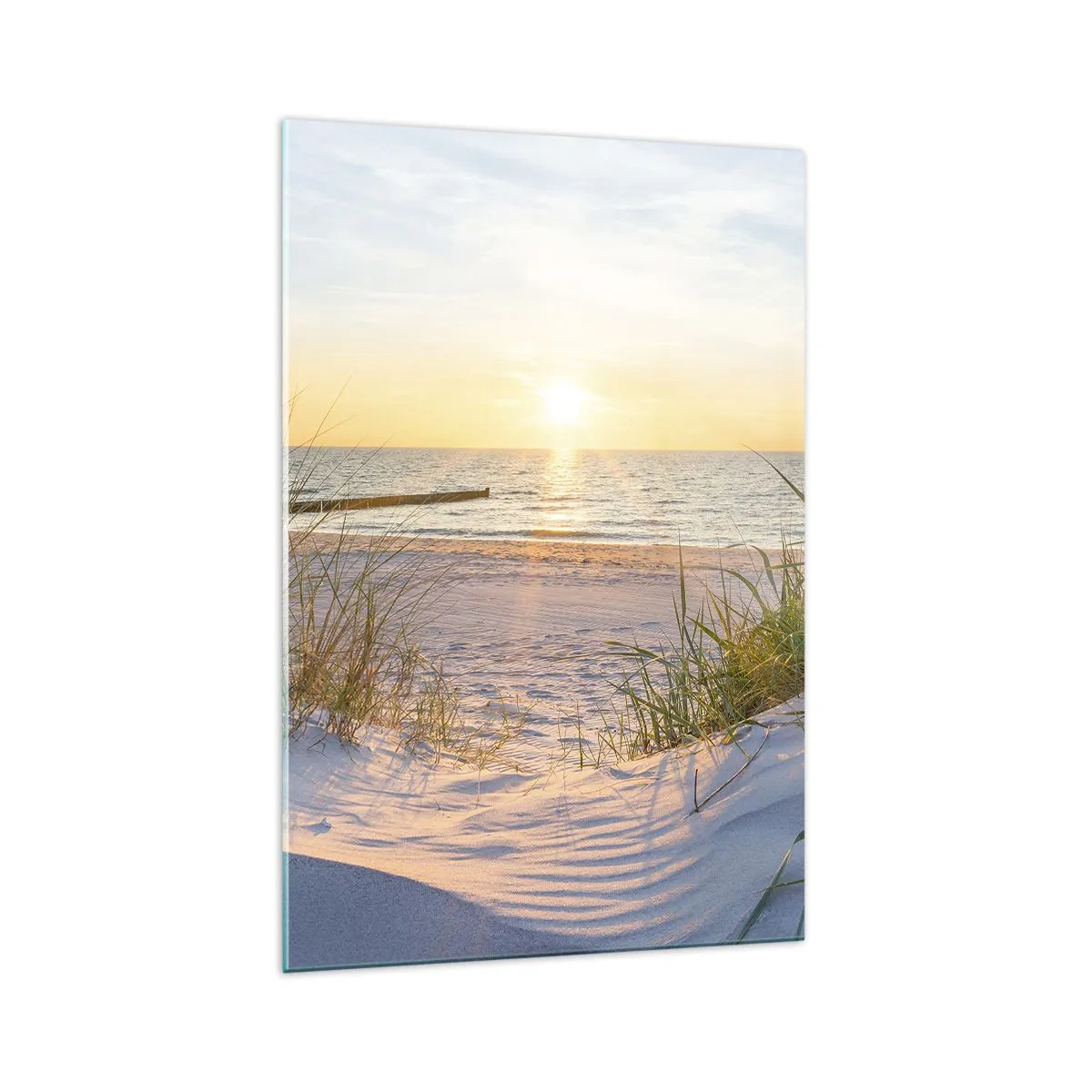 Glasbild - Bild auf glas - Ein Sandstrand mit Blick auf den Sonnenuntergang über dem Meer - 70x100cm - Das Rauschen des Meeres, der Gesang der Vögel, ein wilder Strand im Gras ... - Moderne Wanddekoration für Wohnzimmer und Schlafzimmer ARTTOR