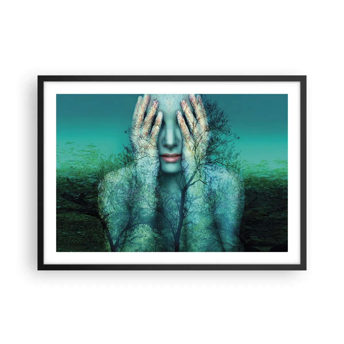 Poster in einem schwarzem Rahmen - Eine Frauenfigur mit Baummotiv vor türkisfarbenem Landschaftshintergrund - 70x50cm - Eingetaucht in Blau - Moderne Wanddekoration für Wohnzimmer und Schlafzimmer ARTTOR