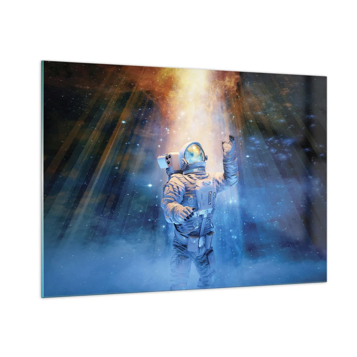 Glasbild - Bild auf glas - Ein Astronaut im Weltraum, beleuchtet von Lichtstrahlen - 100x70cm - Endlich am Ende - Moderne Wanddekoration für Wohnzimmer und Schlafzimmer ARTTOR