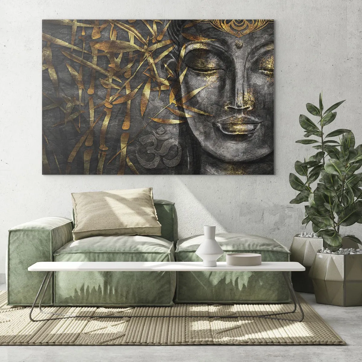 Glasbild - Bild auf glas - Goldenes Buddha-Bild vor einem Bambus-Hintergrund - 70x50cm - Fühle den Frieden - Moderne Wanddekoration für Wohnzimmer und Schlafzimmer ARTTOR
