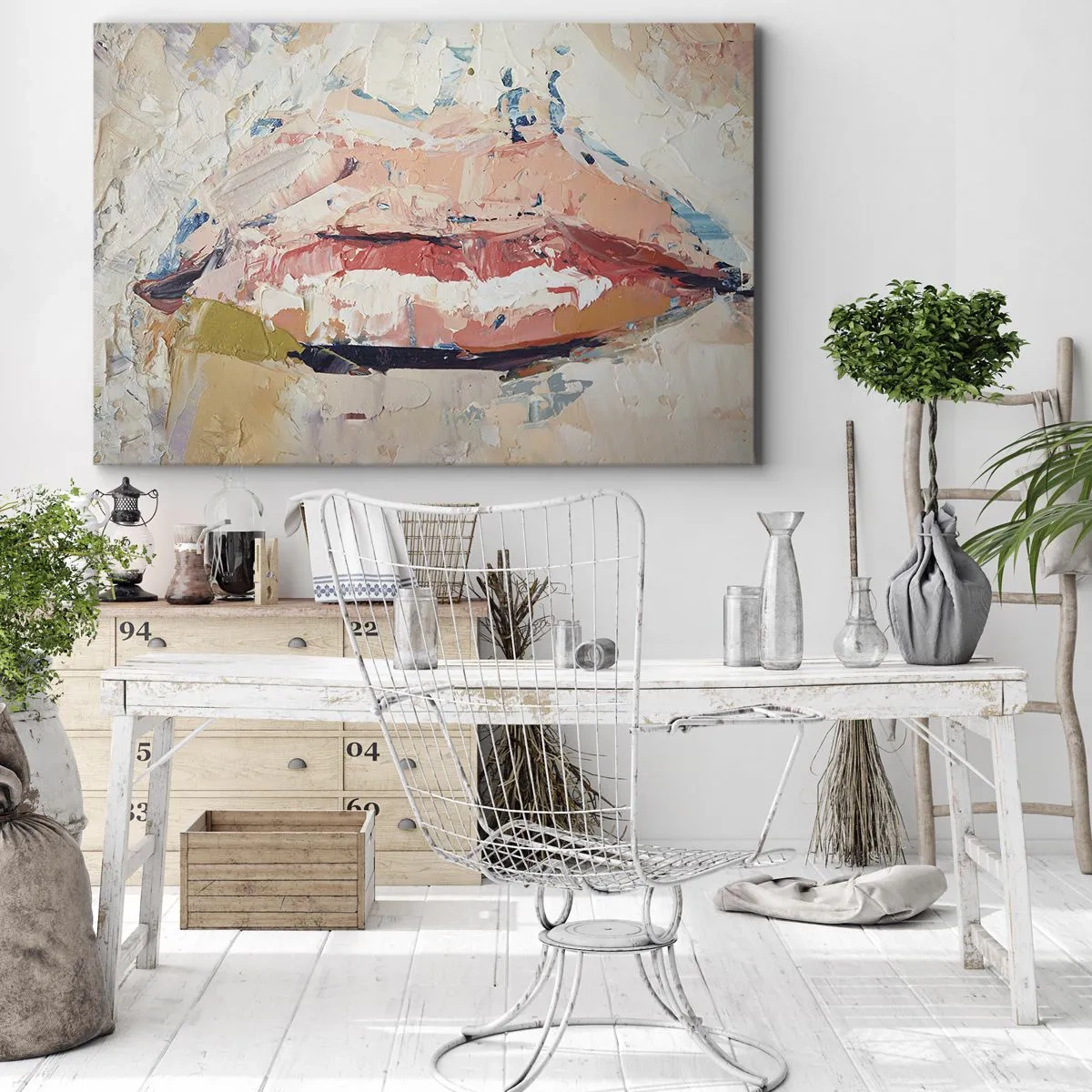 Bild auf Leinwand - Leinwandbild - Eine abstrakte Komposition, die die Lippen einer Frau in Pastellfarben darstellt. - 70x50cm - Es weckt die Sinne - Moderne Wanddekoration für Wohnzimmer und Schlafzimmer ARTTOR