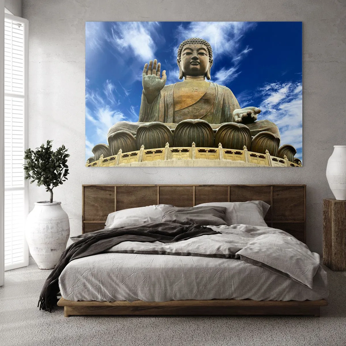 Glasbild - Bild auf glas - Eine große Buddha-Statue vor blauem Himmel - 100x70cm - Leben ohne Angst - Moderne Wanddekoration für Wohnzimmer und Schlafzimmer ARTTOR