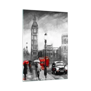 Glasbild - Bild auf glas - Big Ben und die Straßen von London mit roten Akzenten auf grauem Hintergrund - 50x70cm - Gar keine graue Stadt - Moderne Wanddekoration für Wohnzimmer und Schlafzimmer ARTTOR