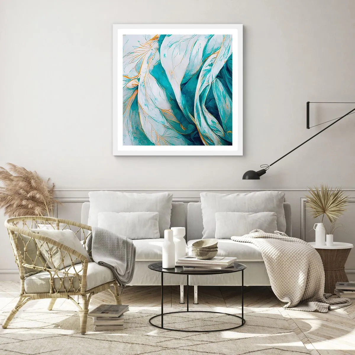 Poster in einem weißen Rahmen - Blaue Abstraktion mit goldenem Motiv - 30x30 cm