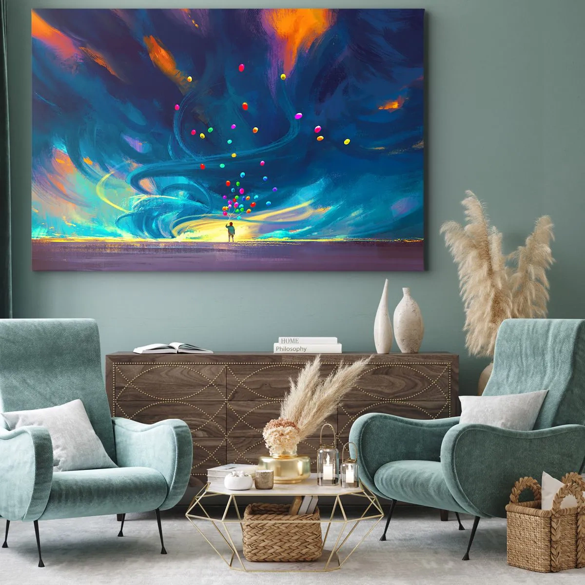 Bild auf Leinwand - Leinwandbild - Eine Figur mit Luftballons vor einem Hintergrund wirbelnder, bunter Wolken - 70x50cm - Zum blauen Wind - Moderne Wanddekoration für Wohnzimmer und Schlafzimmer ARTTOR