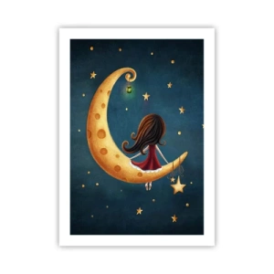 Poster - Ein Mädchen auf dem Mond, umgeben von Sternen und einer Laterne - 50x70cm - Einmal… - Moderne Wanddekoration für Wohnzimmer und Schlafzimmer ARTTOR