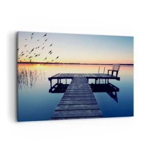 Bild auf Leinwand - Leinwandbild - Holzsteg auf einem See bei Sonnenaufgang mit Vögeln - 100x70cm - Das war ein guter Tag - Moderne Wanddekoration für Wohnzimmer und Schlafzimmer ARTTOR