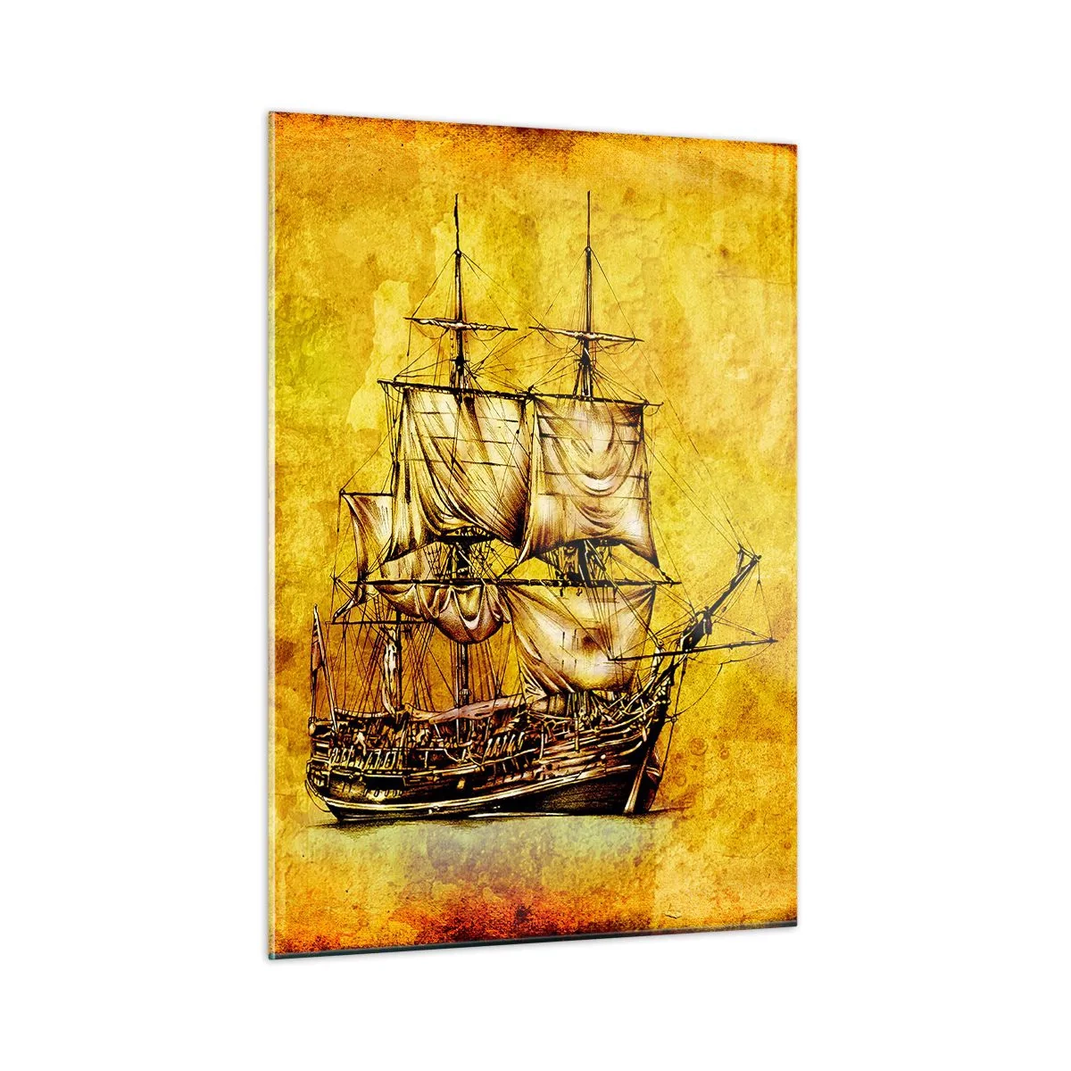 Glasbild - Bild auf glas - Ein historisches Segelschiff vor dem Hintergrund stilisierten Pergaments - 50x70cm - Richtung Tortuga! - Moderne Wanddekoration für Wohnzimmer und Schlafzimmer ARTTOR