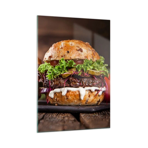 Glasbild - Bild auf glas - Appetitliche Burger mit Gemüse und Sauce - 50x70cm - Amerikanischer Traum - Moderne Wanddekoration für Wohnzimmer und Schlafzimmer ARTTOR