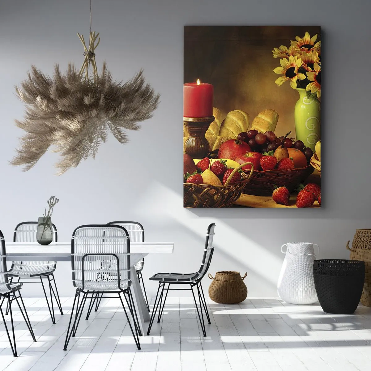 Bild auf Leinwand - Leinwandbild - Stillleben mit Früchten, Brot, Kerze und Blumen - 50x70cm - Stillleben mit Brot und Obst - Moderne Wanddekoration für Wohnzimmer und Schlafzimmer ARTTOR