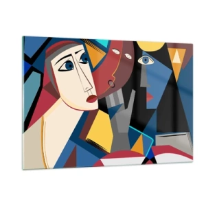 Glasbild - Bild auf glas - Kubistische Gesichter in intensiven Farben - 120x80cm - Gespräch zwischen Kubisten - Moderne Wanddekoration für Wohnzimmer und Schlafzimmer ARTTOR