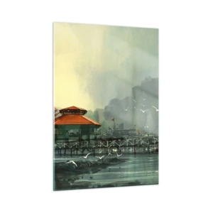 Glasbild - Bild auf glas - Hafengebäude mit roten Dächern im Nebel - 50x70cm - Ein sonniger Tag im Hafen - Moderne Wanddekoration für Wohnzimmer und Schlafzimmer ARTTOR