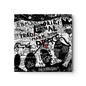 Wanduhr - Glasuhr - Schwarz-Weiß-Grafiken mit Graffiti-Motiven - 30x30cm - Reiche Straßenwelt - Moderne Wanddekoration für Wohnzimmer und Schlafzimmer ARTTOR