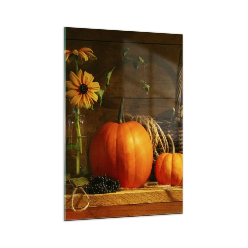 Glasbild - Bild auf glas - Herbstkomposition mit Kürbissen und Blumen auf Holzhintergrund - 70x100cm - Eine rustikale Komposition - Geschenke des Herbstes - Moderne Wanddekoration für Wohnzimmer und Schlafzimmer ARTTOR