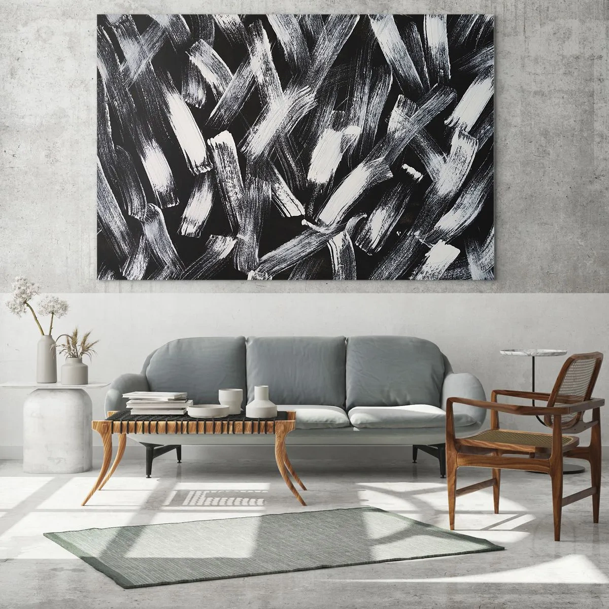 Glasbild - Bild auf glas - Schwarz-weiße Abstraktion von Pinselstrichen auf dunklem Hintergrund - 100x70cm - Abstraktion im industriellen Geist - Moderne Wanddekoration für Wohnzimmer und Schlafzimmer ARTTOR