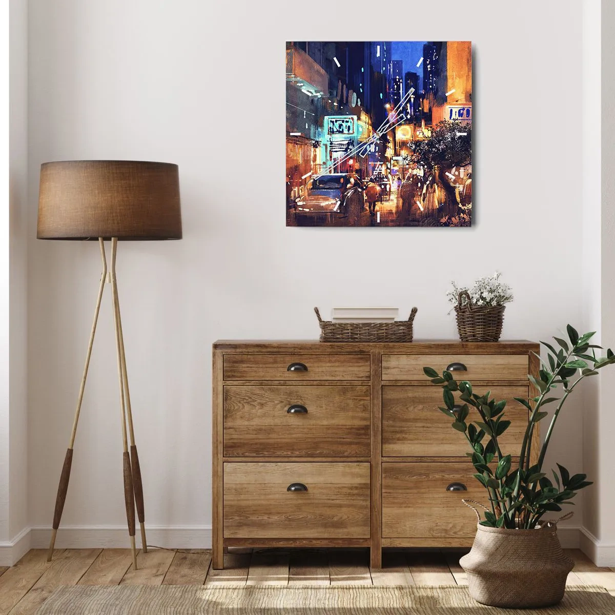 Wanduhr - Glasuhr - Abendliche Stadtansicht im impressionistischen Stil - 30x30cm - Und die Stadt ist wach - Moderne Wanddekoration für Wohnzimmer und Schlafzimmer ARTTOR
