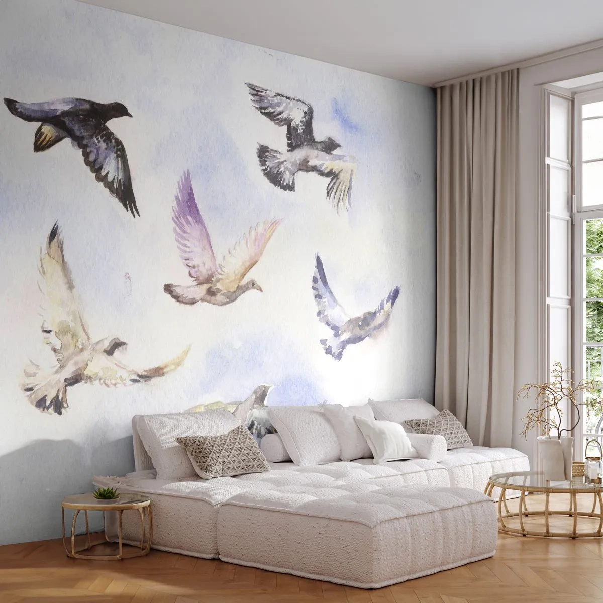 Fototapete Premium Sand - Aquarellvögel, die frei am Himmel schweben - 100x70cm - Freiheit in Grau und Blau - Moderne Wanddekoration für Wohnzimmer und Schlafzimmer ARTTOR