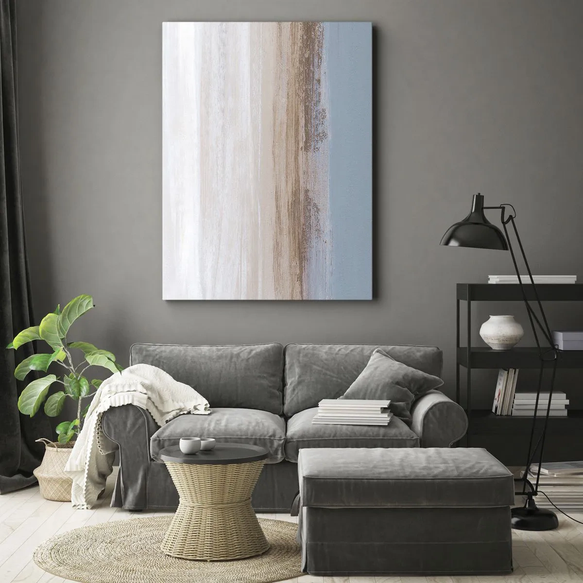 Bild auf Leinwand - Leinwandbild - Eine subtile Landschaft in Pastelltönen von Blau und Beige - 70x100cm - Mehrdeutige Landschaft - Moderne Wanddekoration für Wohnzimmer und Schlafzimmer ARTTOR