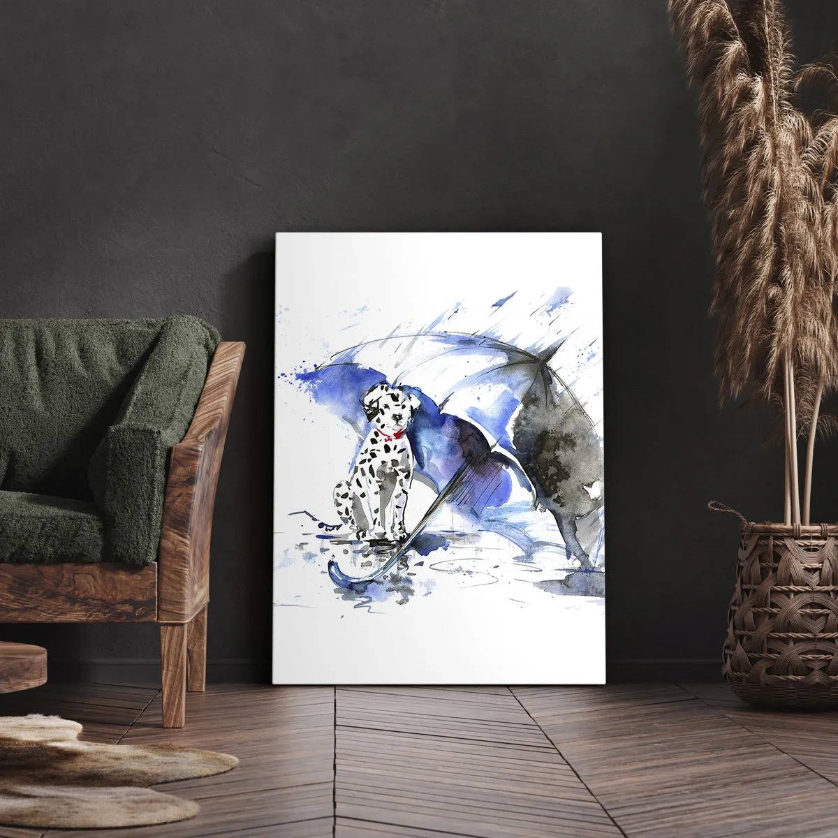 Bild auf Leinwand - Leinwandbild - Aquarellmalerei eines Dalmatiners mit einem Regenschirm im Hintergrund - 50x70cm - Dafür ist ein Freund da - Moderne Wanddekoration für Wohnzimmer und Schlafzimmer ARTTOR