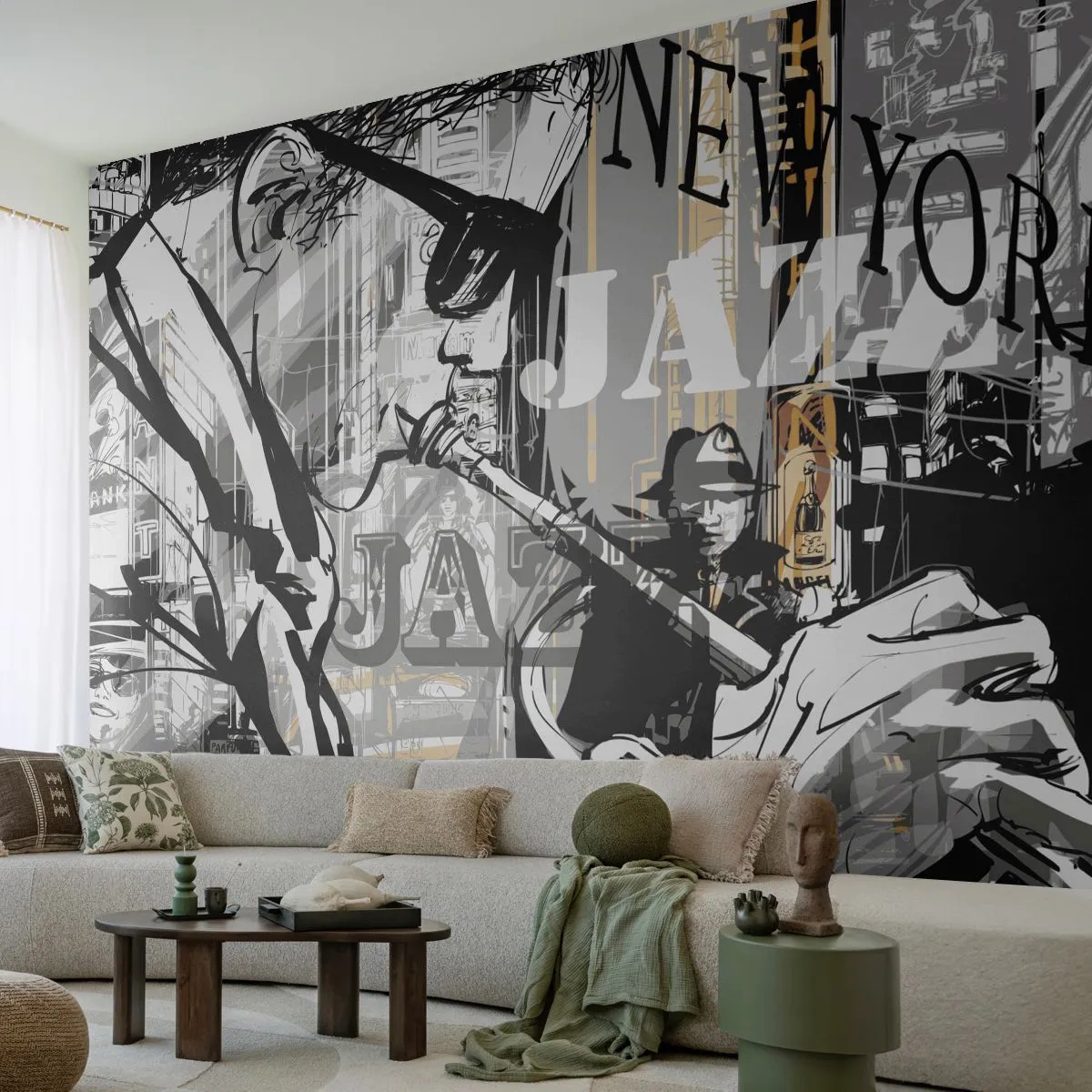 Fototapete Premium Sand - Jazz-Vibes von New York in Schwarzweiß - 100x70cm - Im Rhythmus von New York - Moderne Wanddekoration für Wohnzimmer und Schlafzimmer ARTTOR