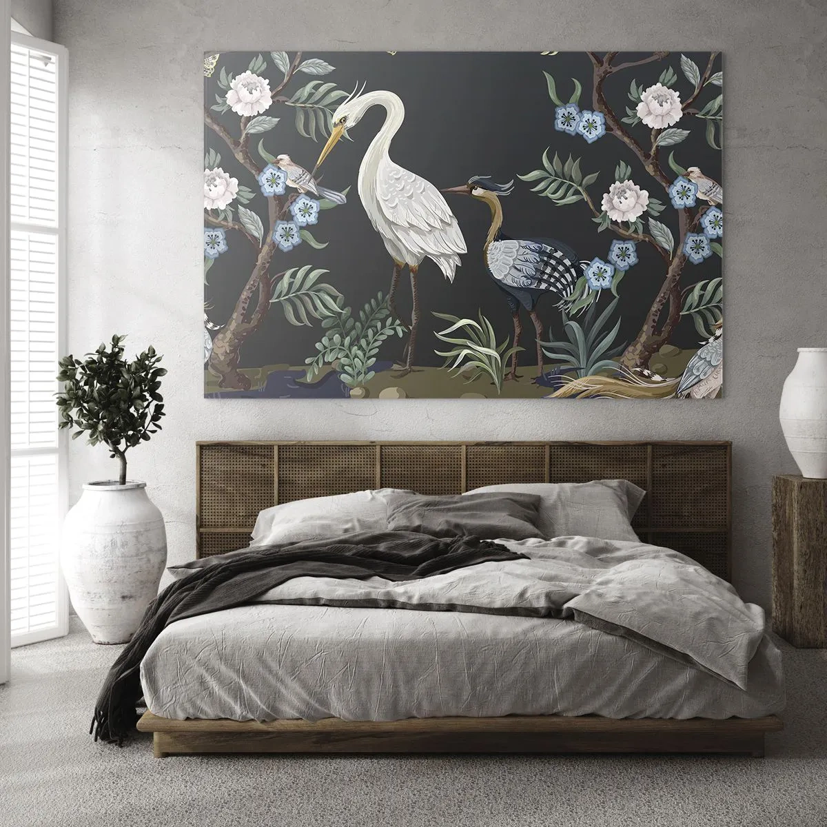 Glasbild - Bild auf glas - Bunte Vögel zwischen blühenden Zweigen vor dunklem Hintergrund - 70x50cm - Vogelparade - Moderne Wanddekoration für Wohnzimmer und Schlafzimmer ARTTOR