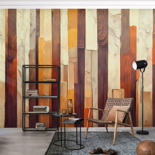 Fototapete Standard Eco - Vertikale Streifen in Baumstamm-Optik in warmen Farben - 100x70cm - Hymne der Waldbäume - Moderne Wanddekoration für Wohnzimmer und Schlafzimmer ARTTOR