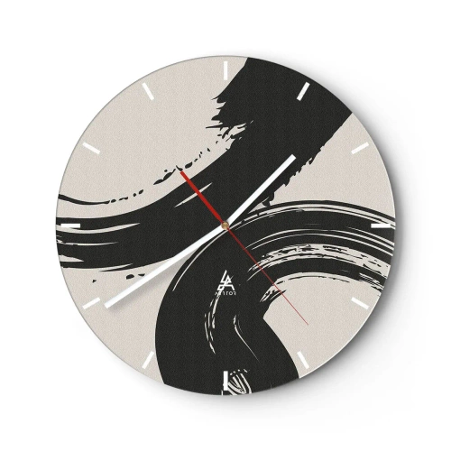 Wanduhr - Glasuhr - Schwarze geschwungene Striche auf hellem Hintergrund - 30x30cm - Ausladend und kreisförmig - Moderne Wanddekoration für Wohnzimmer, Küche und Schlafzimmer ARTTOR