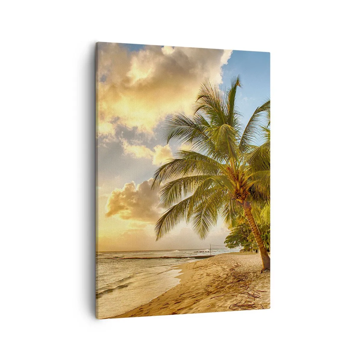 Bild auf Leinwand - Leinwandbild - Strand mit Palmen und einem Sonnenuntergang über dem Meer - 50x70cm - Ewiger Sommer, immer Urlaub - Moderne Wanddekoration für Wohnzimmer und Schlafzimmer ARTTOR